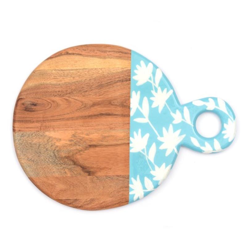 Only Natural - Serveerplank rond - Lichtblauw bloemen