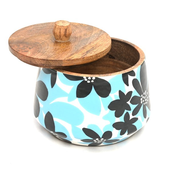 Only Natural - Houten voorraadpot - Bloemen blauw-zwart