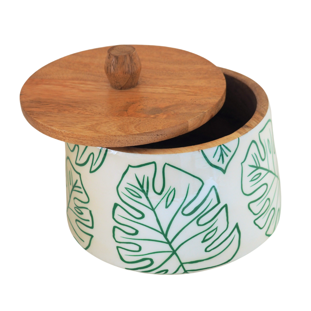 Only Natural - Houten voorraadpot - Grafisch groen blad